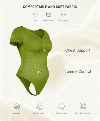 Image of FeelinGirl Short Sleeve Shapewear Bodysuit for Women V Neck Tummy Control | Sweetheart Neckline, Seamless, Going Out Tops, Thong, Plus Size, Soft