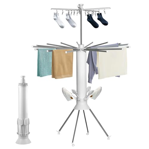 JIANFA Tendedero plegable con ruedas, estante de secado de ropa plegable de 3 niveles, soporte de lavandería con 16 brazos para perchas, portátil para uso en interiores y exteriores