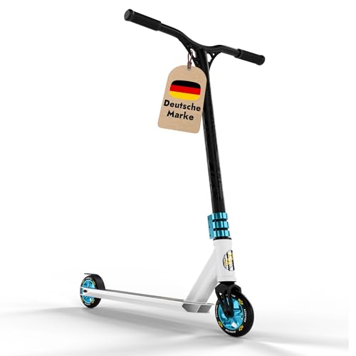 STAR SCOOTER Original Performance Freestyle Jump Pro Sport Alu Kickscooter Stuntscooter mit HIC Kompression in sehr stabiler Leichtbauweise für Kinder ab ca. 7 - 8 Jahre | 110mm Semi Professional Edition | Weiß (matt) & Blau
