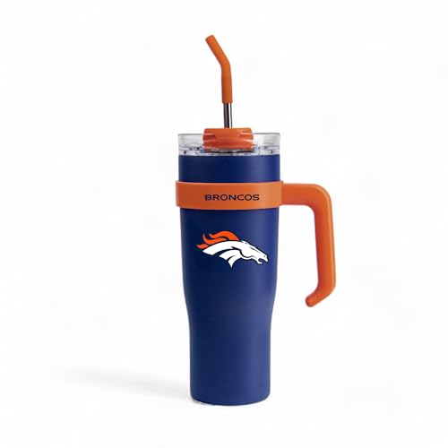 Image of The Memory Company Officially Licensed 46oz Team Color Slim Tumbler with Straw and Handle, Denver Broncos