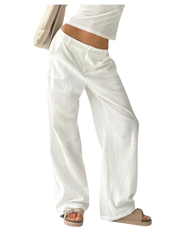 Verdusa Women's Ultra Low Waist Wide Leg Pants Casual Loose Long Trousers with Pockets White Medium