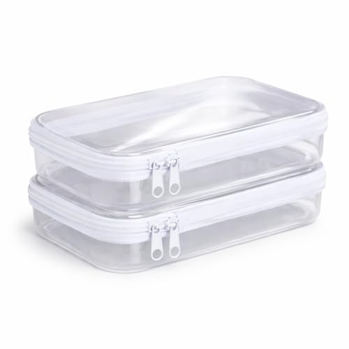 MAPLE + LARK Bliss Bins - Hard Sided Clear Zipper Case for Storage - Professional-Grade Plastic Clear Zipper Pencil Case, Toiletry Pouch, Travel Organizer, Cosmetic Bag, Toy Storage Bins (2 Pack, S)