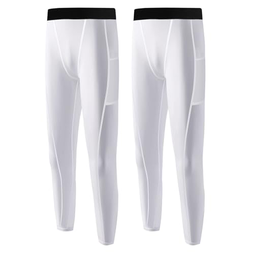 Blaward 2 Pack Youth Boys' Compression Pants Leggings with Side Pockets, Athletic Sports Tights Basketball Running Base Layer