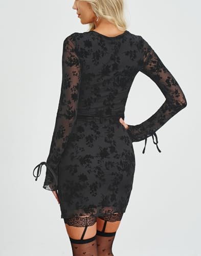Image of HYPERFIRE Women's Mesh Long Sleeve Square Neck Split Hem Party Club Cocktail Bodycon Mini Dress