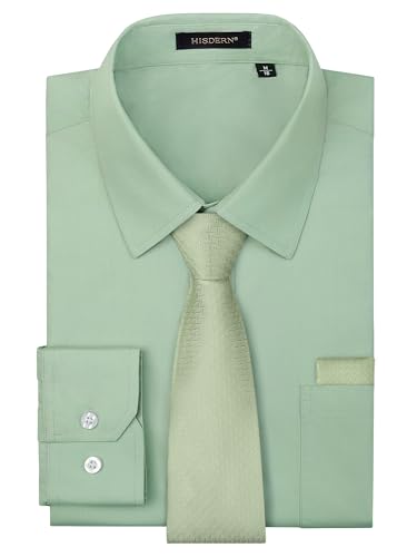 HISDERN Camisa Verde Salvia Hombre Manga Larga Formal Camisa de Vestir y Corbata Elegante para Boda Negocio con Bolsillo XL