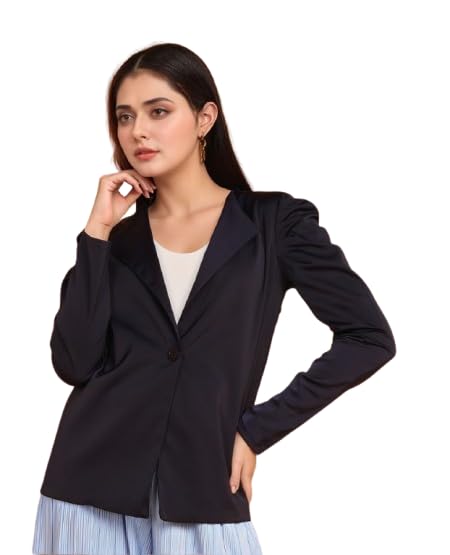 Women's Navy Blue Solid Blazer with Puff Sleeve-image-42