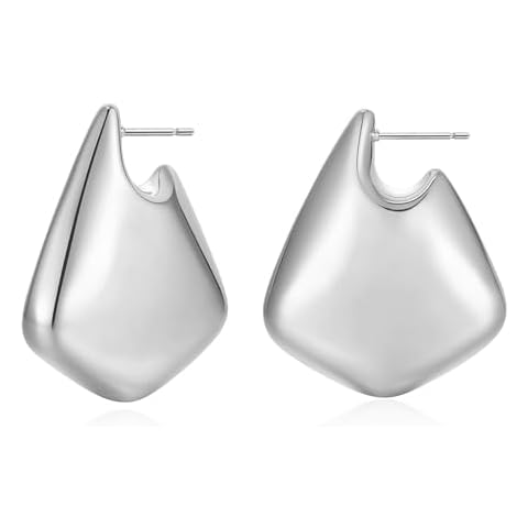 DAILY VIBES Big Chunky Fin Drop Silver Earrings for Women Trendy Silver Plated Lightweight Hypoallergenic Statement Geometric Hollow Drop Hoop Earrings for Women Cover