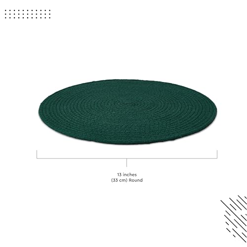 Image of Dining Table Mats Set of 4 | Cotton Table Mat 32 cm Diameter, Encasa XO Washable Round Table Mats, Heat Resistance Dining Table Placemats, Handmade Ribbed Style for Centre Table, Dark Green