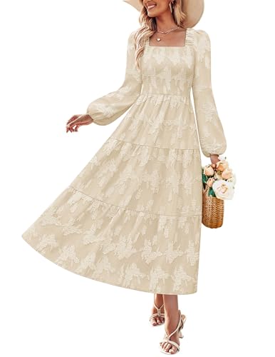 ZESICA Women's 2025 Fall Floral Midi Dress Long Sleeve Smocked Flowy Long Wedding Guest Vacation Dresses