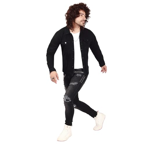 Slim Dots™ New-Fashioned Medium Black Denim Jacket Washed Full Sleeve Stylish Denim Double Stiching Trendy Jacket 100% Cotton