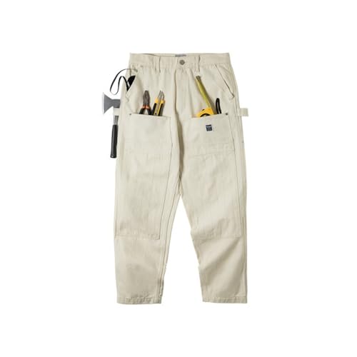 Jeans Pants Trouser Denim Workwear Vintage Distressed Loose Beige Washed Classic Multi Bag Logging for Men