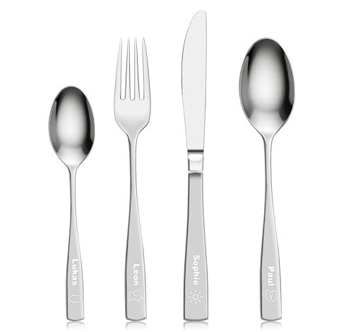 Gravurmaster Besteck Set für Erwachsene, Edelstahl Essbesteck, Messer Gabel Löffel 4er-Set, Spülmaschinenfestem für Küche, Geschenk zur Hochzeit Taufe Geburtstag