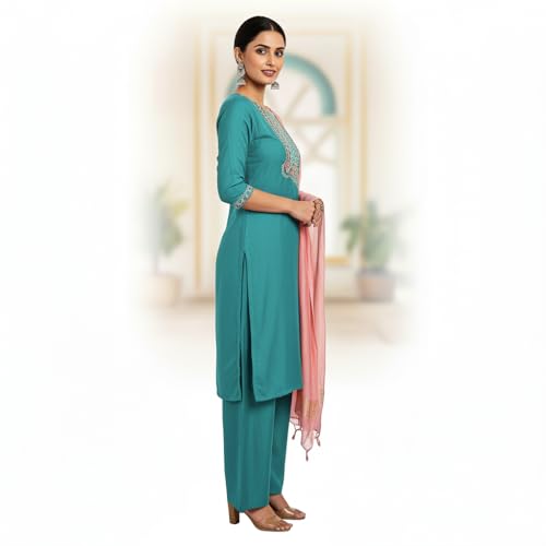 Image of Women Rayon Embroidered Kurta with Pant and Dupatta Set