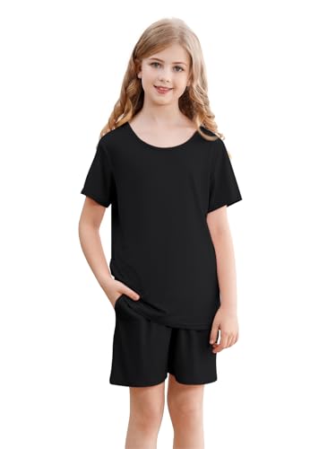 Umeyda Girls Pajamas Set Sleepwear Nightwear 2 Pcs Pj Set Soft Short Sleeve Tee Top and Shorts with Pockets2