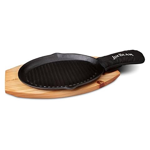 Jim Beam JB0159, Heavy Duty Construction, Pre Seasoned Cast Iron Skillet with Wooden Base and Mitt, Black,Small Cover
