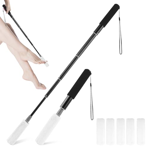 TUHNHGD - Foot Shower Scrubber, Toe Gap Cleaning, Adjustable Foot Washing Toe Gap Tool, No Bending Toe Cleaning Brush, with 5 Reusable Brush Cloths, Suitable for The Elderly and Disabled (Black)