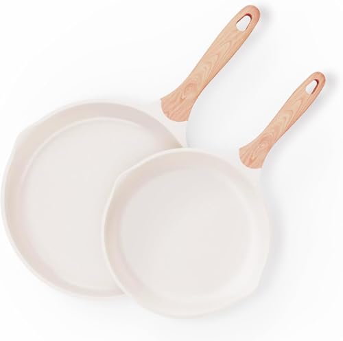 Image of Non-Stick Frying Pan with Wooden Finish Soft Touch Handle, 2.5mm Thickness, Consumes Less Oil, Even Heat Distribution, Induction Bottom and Gas Ready (White, 20cm+24cm)