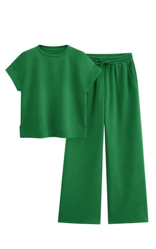 prettygarden 2 piece outfits for women casual tracksuit short sleeve tops and wide leg long pants matching lounge sets