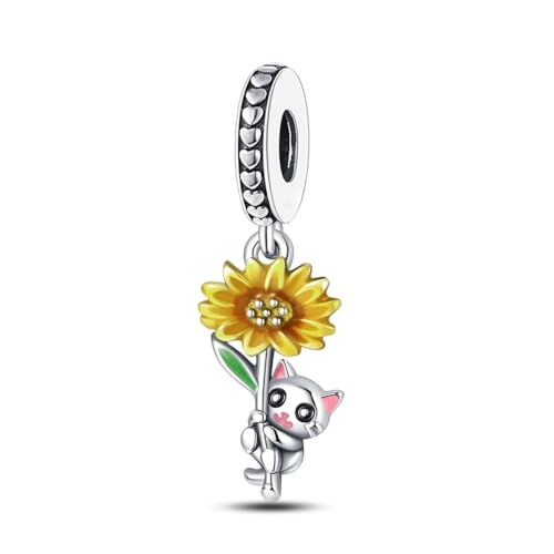 Image of LeeFeel Cats Sunflower Charm Beads fit 925 Sterling Silver Bracelets Chic Flower Dangle Charms for Jewelry DIY (Sunflower Cat)
