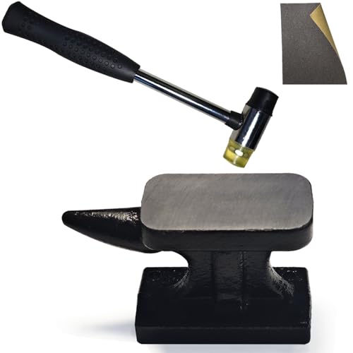 NewFe Mini Iron Horn Anvil & Hammer Set, 1.1 lb Forged Iron Anvil with Rubber Hammer, Jewelry Making Tools, Bench Block for Metal Stamping, Silversmith, Blacksmithing Horn Anvil Bench Block & Hammer