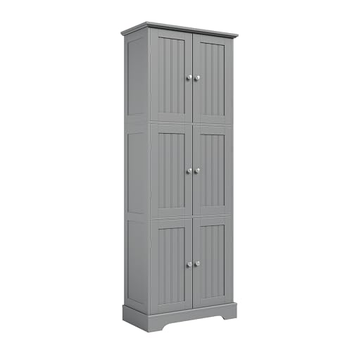 Image of ChooChoo Tall Bathroom Storage Cabinet with 6 Doors, Freestanding Floor Cabinet with Adjustable Shelves, Grey Pantry Cabinet for Bathroom, Kitchen, Laundry Room