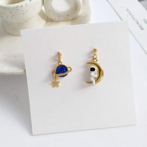 Creative Cartoon Asymmetrical Astronaut Blue Planet Stud Earrings for Women Charm Jewelry Cute Star Moon Earth Spaceman Drop Earrings4