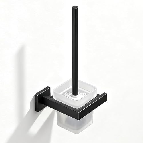 Image of Matte Black Toilet Brush and Holder Set, NEWRAIN Wall Mounted Toilet Bowl Brush with Long Handle, Stainless Steel Toilet Brushes for Bathroom-Space Saving