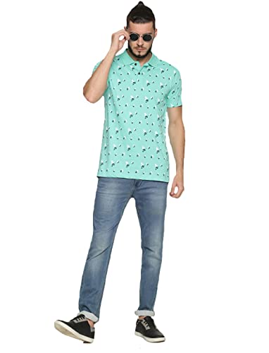 Image of KRYPTIC Men's 100% Cotton Sea Green Leaf Printed Polo Tshirt (S)