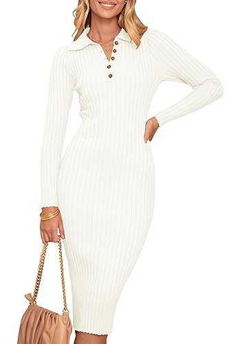 MEROKEETY Womens 2024 V Neck Ribbed Sweater Dress Long Sleeve Bodycon Knit Midi Dresses Beige S