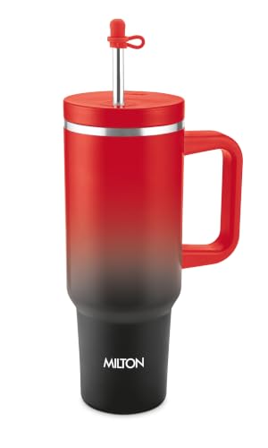 Image of MILTON My Tumbler Canvas 1200 Thermosteel Double Wall Vacuum Insulated SS Tumbler with Handle 1100ml, Leak Proof Travel Mug, Straw, Silicon Cap Cleaning Brush, Hot & Cold Beverage Flask, Black & Red