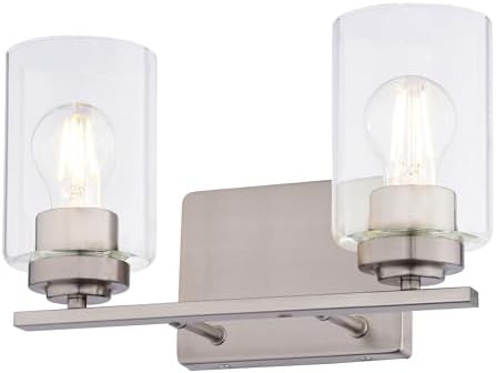 VAXCEL Park Ridge 2-Light 13 in. Wide Satin Nickel Transitional Bathroom Vanity Lighting Fixture, Clear Glass Shade, Dimmable, LED Compatible, Over The Mirror Mounted Steel Wall Sconce