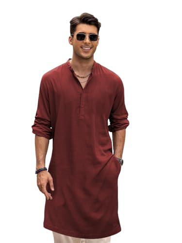 Kurta indienne homme coton col mandarin manches longues coupe régulière
