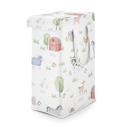 Image of Sweet Jojo Designs Farm Animals Boy Girl Gender Neutral Laundry Hamper Foldable Dirty Clothes Basket with Handles Baby Nursery Kids Bedroom Teen Bathroom Watercolor Farmhouse Barn Horse Cow Pig Goat