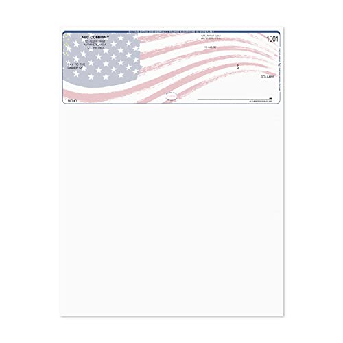 American Flag Blank Computer Checks / 250 Laser and Ink Jet Checks with Perforated Vouchers / 8.5" x 11" Patriotic America Business Checks/Made in The USA