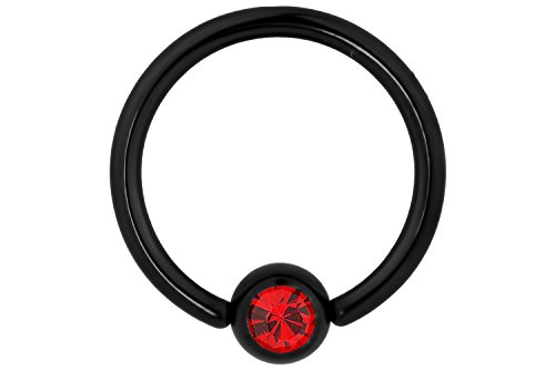 Forbidden Body Jewelry 14g 1/2 Inch Surgical Steel Black IP Plated with Red Crystal Captive Bead CBR Hoop Ring