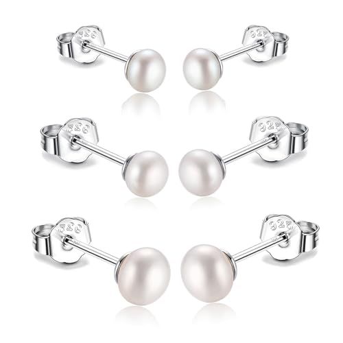 Perlen Ohrringe Silber 6er Set - 6-16mm Ohrstecker Wasserfest & Hypoallergen