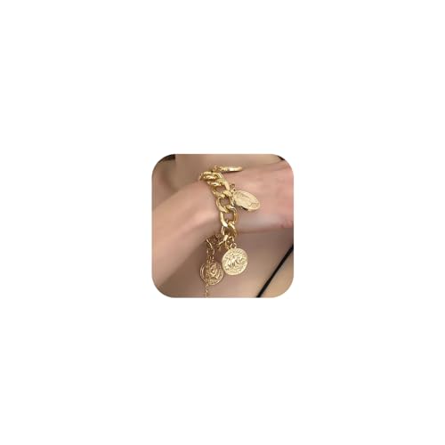 Jumwrit Chunky Chain Bracelet Punk Cuban Curb Link Chain Bracelet Statement Golden Coin Bracelet for Women