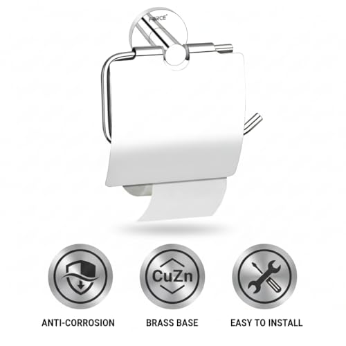 Image of Force Toilet Paper Roll Holder with Round Chrome Finish - Wall Mounted Stainless Steel 304 with Brass Base - Bathroom Tissue Roll Holder with Built-in Shelf - Rustproof, Durable & Elegant Design