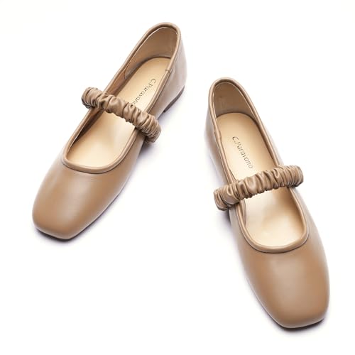 C.Paravano Mary Jane Flats for Women | Square Toe Ballet Flats with Pearl Strap | Comfortable Dress Shoes for Work, Wedding, Party & Daily Wear(Size 6.5,Camel_a)