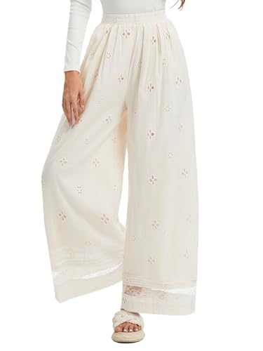 Women's Wide Leg Cotton Palazzo Pants with Eyelet Embroidery Elastic Waist Lace Trim4
