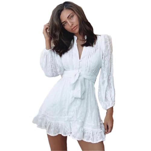 Women Embriodery Beach Dress Lantern Sleeve Summer Hollow Out Button Sash Dresses