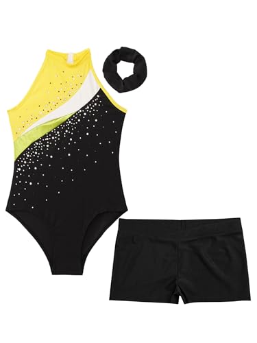 XUNZOO Kids Girls Ballet Dance Outfits Shiny Sleeveless Gymnastic Leotard with Athletic Shorts Hair Band Tracksuit3