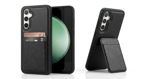Image of amazon basics Premium Vegan Leather Back Cover with Card Holder and Integrated Mobile Stand for Samsung Galaxy S25 Plus 5G - Slim Shockproof Wallet Case with Geometric Stitching [Black]