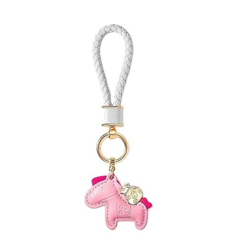 MURYE Versátil llavero decorativo con colgante de caballo, ideal para llaves de mochila o coche, con trenzado de cuero y cadena de aleación, Polvo blanco, Talla única