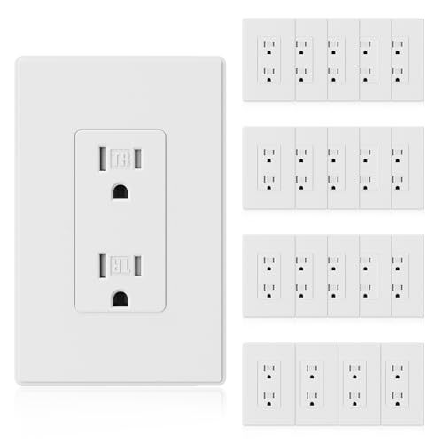 ELEGRP Matte White Decorator Wall Receptacle Outlets Tamper Resistant 15 Amp Standard Electrical Wall Outlet Residential Grade Self-grounding 125V Mid Size Wall Plate Included UL Listed 20 Pack