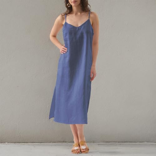 Image of Amazhiyu Women's Pure Linen Summer Midi Split Slip Dress | V Neck, Spaghetti Strap, with Pockets