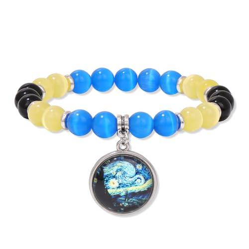 Raicegs Van Gogh Cuff Bracelet Art Pattern Under Glass Dome Jewelry Handmade, adjustable, Stone, no gemstone