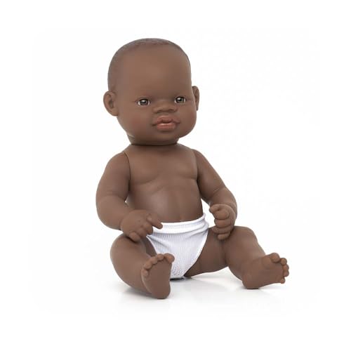Miniland - Muñeco bebé 32cm con rasgos étnicos y sexuado para el Aprendizaje de la Diversidad con Suave y Agradable Perfume - Niño Africano