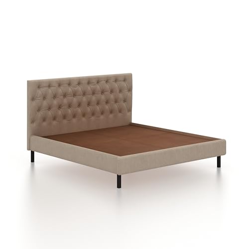 Image of Ganpati Arts Solid Sheesham Wood Fabrio Upholstered King Size Bed Without Storage and Tufted Headboard | Durable Wooden Double Bed Cot Palang for Bedroom, Hotels and Home Furniture (Seasame)