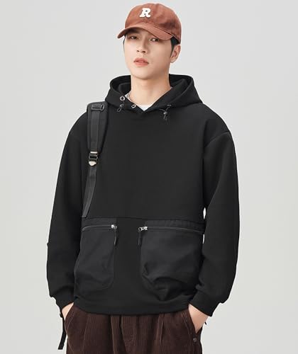 Hooded Sweatshirts for Men Fall Fashion Drawstring Long Sleeve Pullover Cool Hoodies With Zip Pockets3